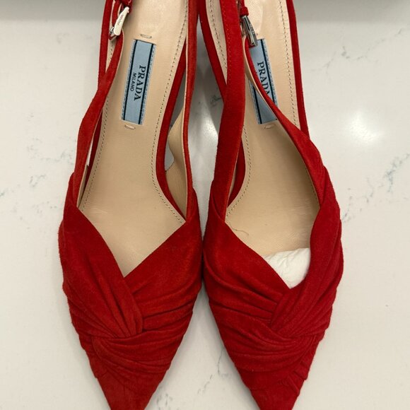 Prada Red Suede Slingback Kitten Heels Size 38 - Picture 4 of 15